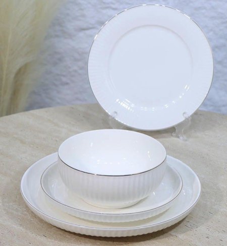 طقم صحون 24قطعة محزز  حز ذهبي