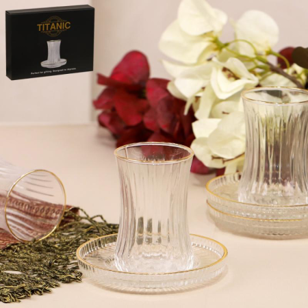 طقم كاسات شاي 6+6 استكانة زجاج محزز حز ذهبي HY-20134