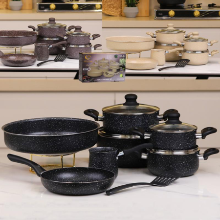 طقم طناجر جرانيت 12 قطعة بني/بيج/اسود