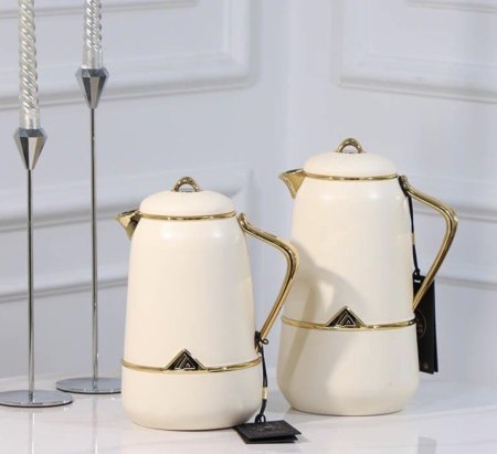 طقم /2 تيرموس قهوة + شاي بلاستك 1لتر بيج حز ذهبي يد ذهبي LA001-Beige لالوزا