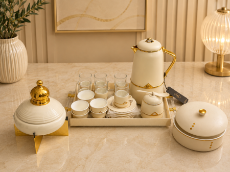 طقم ضيافة كامل صنية+براد+فناجين+مضيفة+محلاونية+استكانة+سكرية