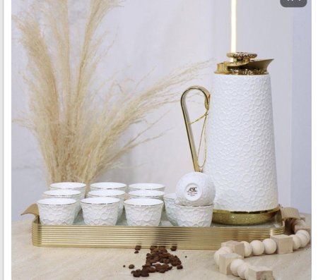 طقم/14 تيرموس قهوة+12 فنجان سادة بورسلان ابيض +صينية ذهبي BW06-14/S-WHITE