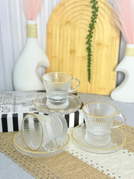 كاسات شاي 6+6 حز ذهبي محزز