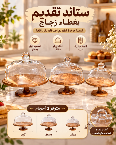 مضيفة مع قاعدة خشب وغطا زجاج