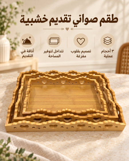 طقم صواني تقديم خشب بامبو اصلي 3قطع مزخرف