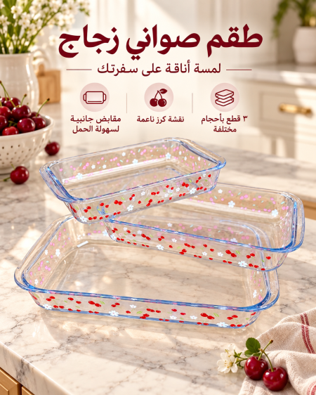 طقم بايركس 3قطع مستطيل كرز حراري